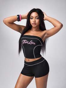 Y2Kool Maria Clara Maia Women's Casual Sexy Fashion Street Letter Print Contrast Stitch Cropped Tube Top And Shorts Sports Suit, Summer Club Night Hot Pink Black - Black - View 5