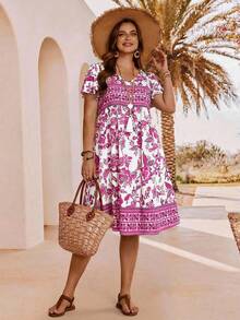 EMERY ROSE Vestido casual de vacaciones con estampado floral de talla grande - Rosa Fucsia - Ver 3