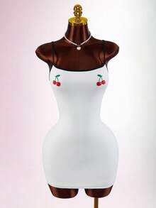 Amplova 女士吊带连衣裙，舒适针织面料，樱花刺绣，侧开衩修身裙摆，适合浪漫居家穿着。 - 白色 - 查看 3