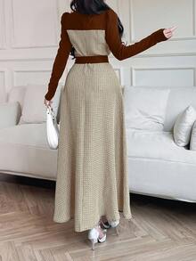 Feyla Women's Long Sleeve Long Dress, Minimalist Fashion Casual Everyday Wear Long Evening Dresses - Brown - View 3