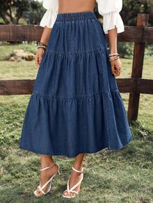 Breezaya Women's Casual Vacation Style Ruched Denim Maxi Skirt Spring Summer  Vacation - Dark Wash - View 3