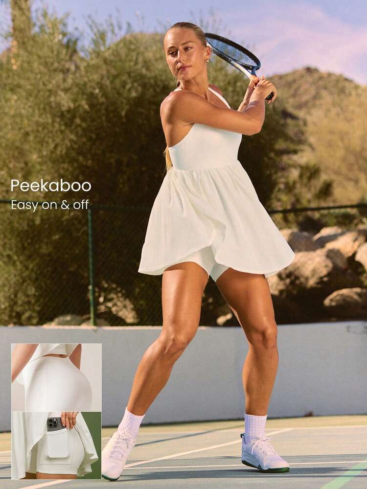 Confidently You Built-In Cups Ultra High-Rise Back Twist Design Side Split Hem Built-In Shorts Side Pockets Non-Slip Grips Scoopneck Babydoll Style Dress Daily Casual Wear