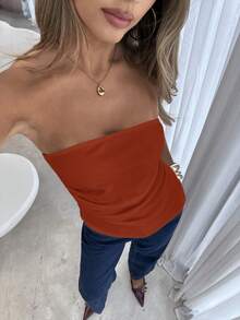 SHEIN Essnce 女士优雅纯色不对称下摆抹胸上衣，夏季抹胸上衣，女士无肩带抹胸上衣，曲线抹胸上衣，棕色抹胸上衣 - 棕色 - 查看 2