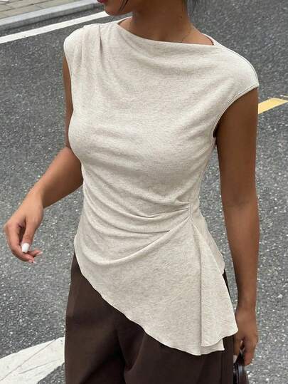 Siren Gaze 女士纯色褶裥不对称下摆休闲百搭日常衬衫