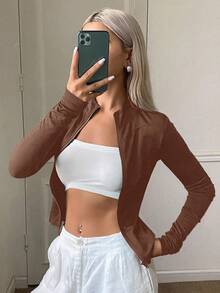 DAZY Cardigan Olahraga Kasual Lengan Panjang Slim Fit Wanita, Jaket Ringan Gaya Jalanan untuk Musim Panas - Coklat - View 2