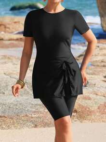 Swim Mulvari 2026 Summer Plus Size Women's Casual Slimming Black Solid Color Romper Swimwear Beach Outfit - Black - View 4