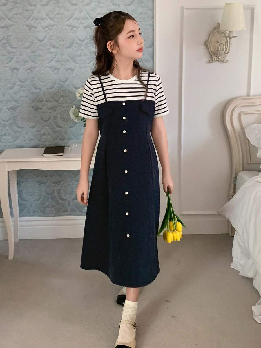 DAZY Tween Girl Striped Patchwork Round Neck Short Sleeve Button Design Casual 2 In 1 Dress - Blue - View 1