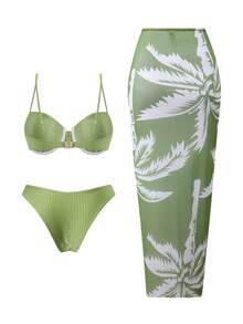 Swim Chiccia Bộ đồ bơi 3 món Xuân/Hè: Áo bơi màu trơn có gọng, dây mảnh điều chỉnh được, quần bơi cạp cao và chân váy lưới, bộ đồ bơi thanh lịch dành cho nữ, lý tưởng cho kỳ nghỉ biển. - màu xanh lá - Xem 2