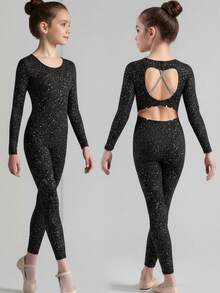 SHEIN Bộ đồ liền thân thể thao dài tay thường ngày cho bé gái tuổi teen - màu đen - Xem 2