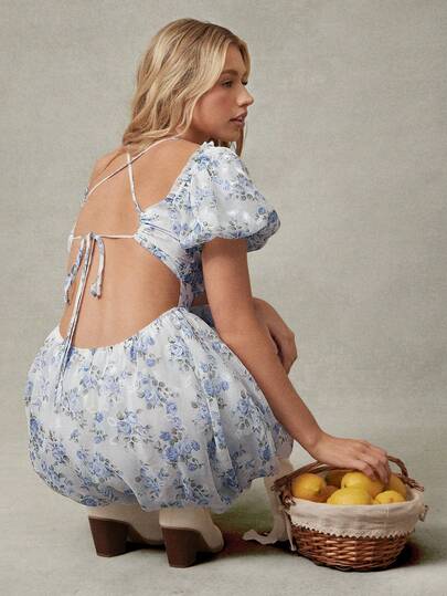 WESTFADE Vestido mini de flores con mangas cortas