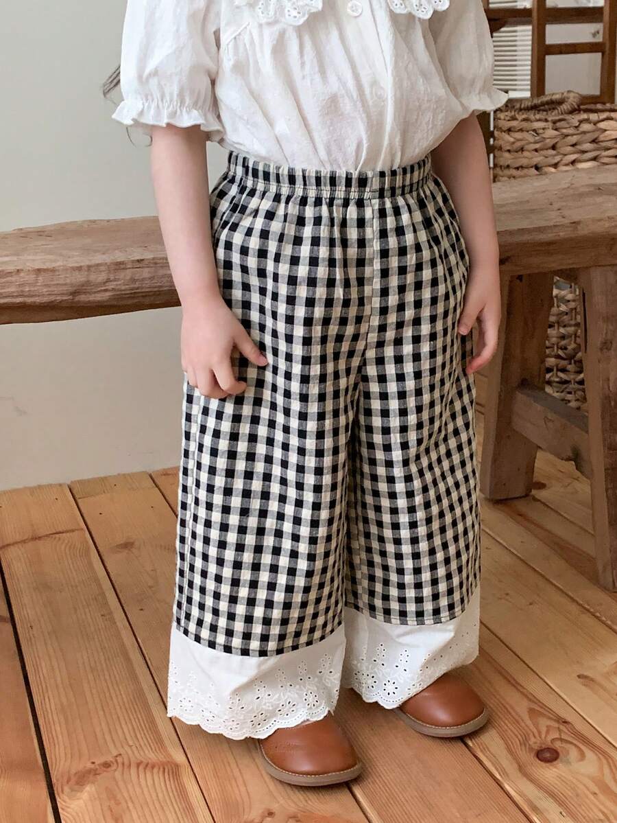 DAZY Toddler Girls' Plaid Lace Trim Casual Wide Leg Pants, Summer - Black and White - View 1