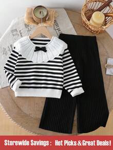 女童条纹针织毛衣和打底裤两件套，时尚秋冬女童服装，女童毛衣套装，女童春季服装，女童条纹毛衣两件套，女童秋季服装 - 黑色 - 查看 1