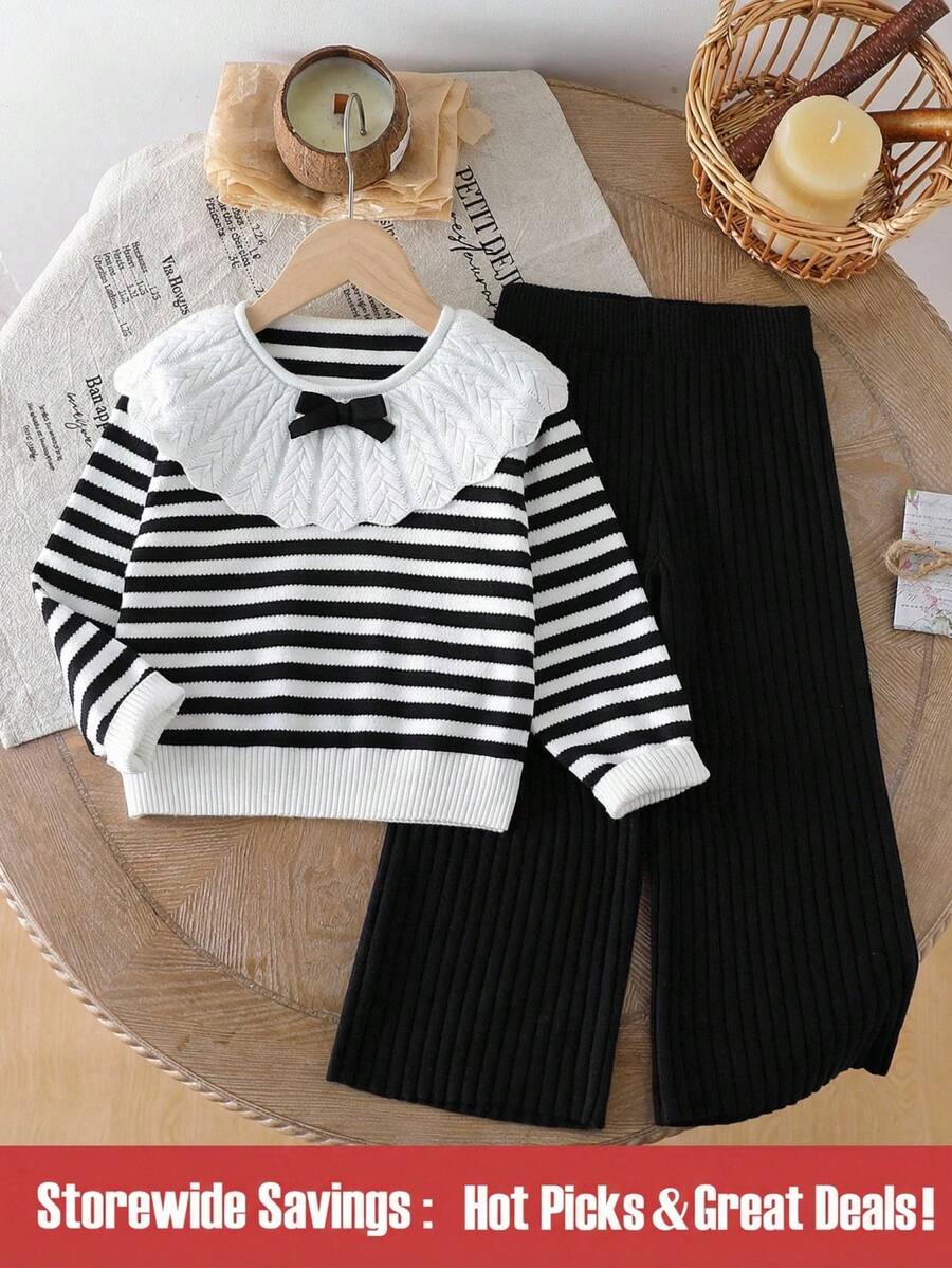 女童条纹针织毛衣和打底裤两件套，时尚秋冬女童服装，女童毛衣套装，女童春季服装，女童条纹毛衣两件套，女童秋季服装 - 黑色 - 查看 1