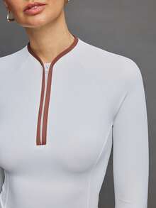 Activina Women's Minimalist Contrast Trim Zipper Half-Zip Long Sleeve Equestrian Top - White - View 5