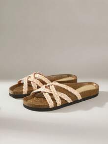 Solecia Women Shoes Spring And Summer New Woven Cross Belt Design Flat-Bottomed Vacation Leisure Style Woven Material Apricot Women's Slippers Daily Travel Seaside Vacation Wear - Apricot - View 2