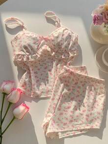 Comfortcana Cute White And Pink Floral Print Ruffle Trim Camisole Top And Shorts Set,Women's Summer Lounge Knit Soft Pajama Set,Elegant Beach Vacation Outfits - Multicolor - View 5