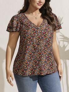 Comfylo Áo kiểu nữ cỡ lớn cổ chữ V họa tiết hoa, tay ngắn, bèo nhún, thích hợp mặc đi lễ hội, đi biển, đi nghỉ mát, áo mùa hè cho nữ, áo tay ngắn cho Ngày của Mẹ, áo nữ, áo kiểu, áo thun, áo nữ mùa hè, áo kiểu thường ngày cho Ngày của Mẹ. - Nhiều màu - Xem 7