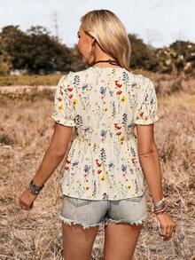 LanaWest 2026春夏新款杏色碎花V领荷叶边休闲度假短袖上衣，适合日常穿着和孕妇穿着（随机印花） - 杏色 - 查看 2