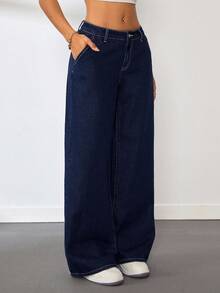 Jeans anchos de cintura baja de ajuste holgado, cómodos y lavados de un solo color, estilo casual Y2K para adolescentes, color azul oscuro, para otoño/invierno, uso diario, streetwear, Halloween, Navidad, jeans de invierno, jeans para adolescentes, pantalones de pierna ancha - Azul lavado oscuro - Ver 4