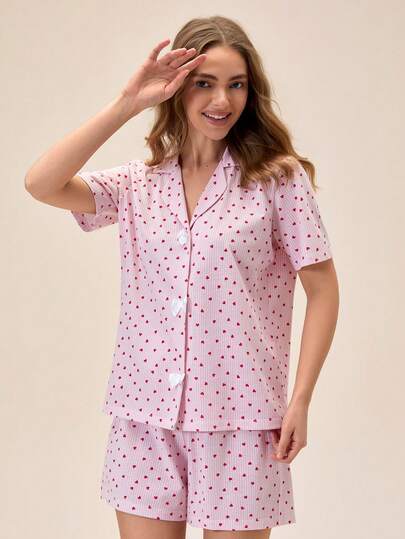 Loomlin Ensemble de pyjama 2 pièces en coton pour femmes avec haut à manches courtes avec détail de nœud contrasté et motif rayé en forme de cœur, et short. Tenue décontractée et confortable.