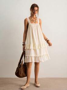 Freevana Đầm mini babydoll màu trắng kem lãng mạn phong cách Boho dành cho nữ - Cổ vuông, phối ren, dáng chữ A xòe rộng, xếp ly, chân váy xếp tầng với chi tiết ren, nhẹ nhàng, thoáng mát, thích hợp cho kỳ nghỉ hè, đi biển, hẹn hò, đêm tân hôn. - Màu be - Xem 14