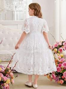 SHEIN 少女款网纱刺绣蕾丝花边荷叶袖束腰优雅连衣裙，公主裙，适合婚礼、派对、毕业典礼、节日、春假、情人节、花童等场合。 - 白色 - 查看 2