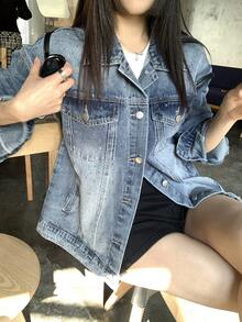 DAZY Áo sơ mi denim dài tay cổ bẻ đính đá cho nữ, kiểu dáng thường ngày. - Màu xanh lam - Xem 6