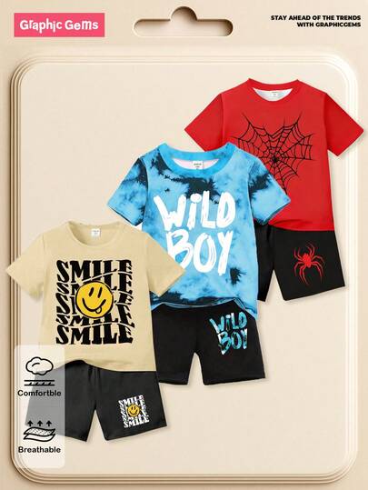 SHEIN GraphicGems 6pcs/Set Infant Boys' Casual Fashionable Creative Personalized Refreshing Minimalist Cartoon Smiling Face, Spider, Spider Web, Blue & Black Tie-Dye Pattern, Letter Slogan Print Short Sleeve T-Shirt And Shorts Outfit, Comfortable Daily Wear For Spring, Summer