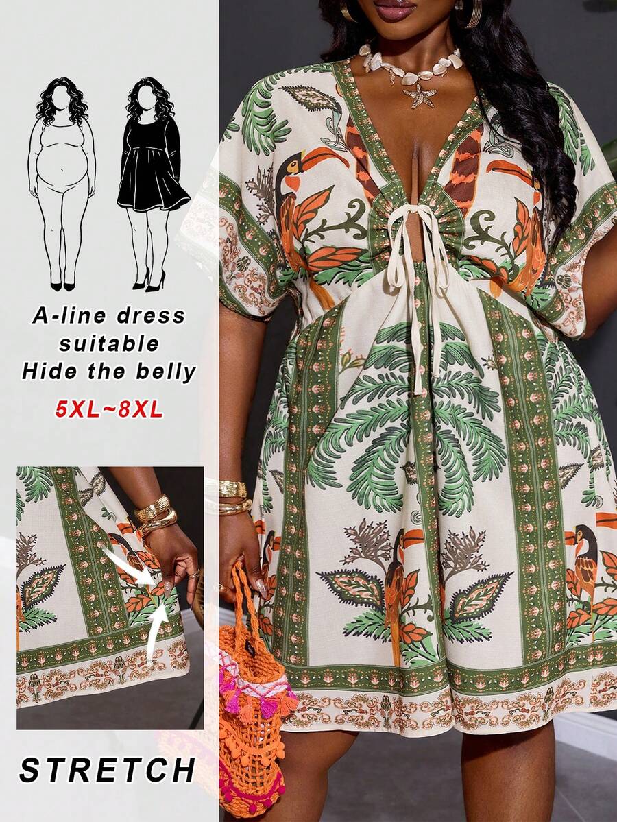 SHEIN CURVE+ Curve 尺码 US22 音乐节、海滨度假、波西米亚风女士沙滩热带植物印花系带蝙蝠袖休闲连衣裙，夏季