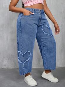 Slaydiva Quần jean denim rách họa tiết trái tim, dáng rộng, cỡ lớn, kiểu dáng thường ngày. - Màu xanh lam - Xem 5