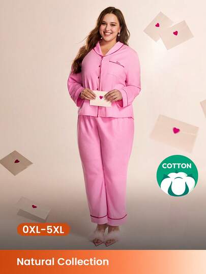 LUVLETTE Plus Size Soft 100% Pure Cotton Contrast Trim Basic Button-Up Top & Pants Pink Loungewear Pajama Set Pants With Pockets Lounge Sets For Women Valentine's Day Gifts Pyjama