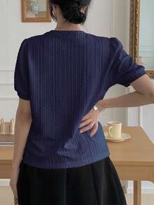 DAZY Kaos Wanita Musim Panas Leher Bulat Kasual Serbaguna Longgar Lengan Pendek untuk Berpergian - Navy Blue - View 3