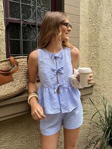 Serisse Women's Cute White And Blue Gingham 2 Pieces Set,Plaid Bow Front Peplum Tank Top Shorts,Summer Holiday Vacation Outfit,Casual Tropical Beach Clothes - Blue and White - View 9