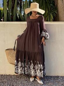 DAZY Women's Square Neck Long Sleeve Bohemian Style Elegant Cinched Waist Waist Dress, Vacation Vibe Maxi Dress Sundress Boho - Brown - View 4