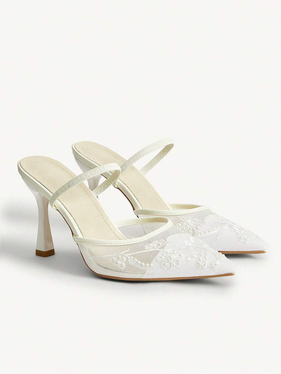 CUCCOO CHICEST Women Shoes Autumn New Elastic Band Mesh Stiletto Heels Pointed Toe Embroidered Shoes - White - View 1