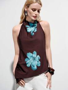 Aveloria Modichic Printed Plunging Neck Backless Asymmetrical Hem Slit Blouse - Multicolor - View 3