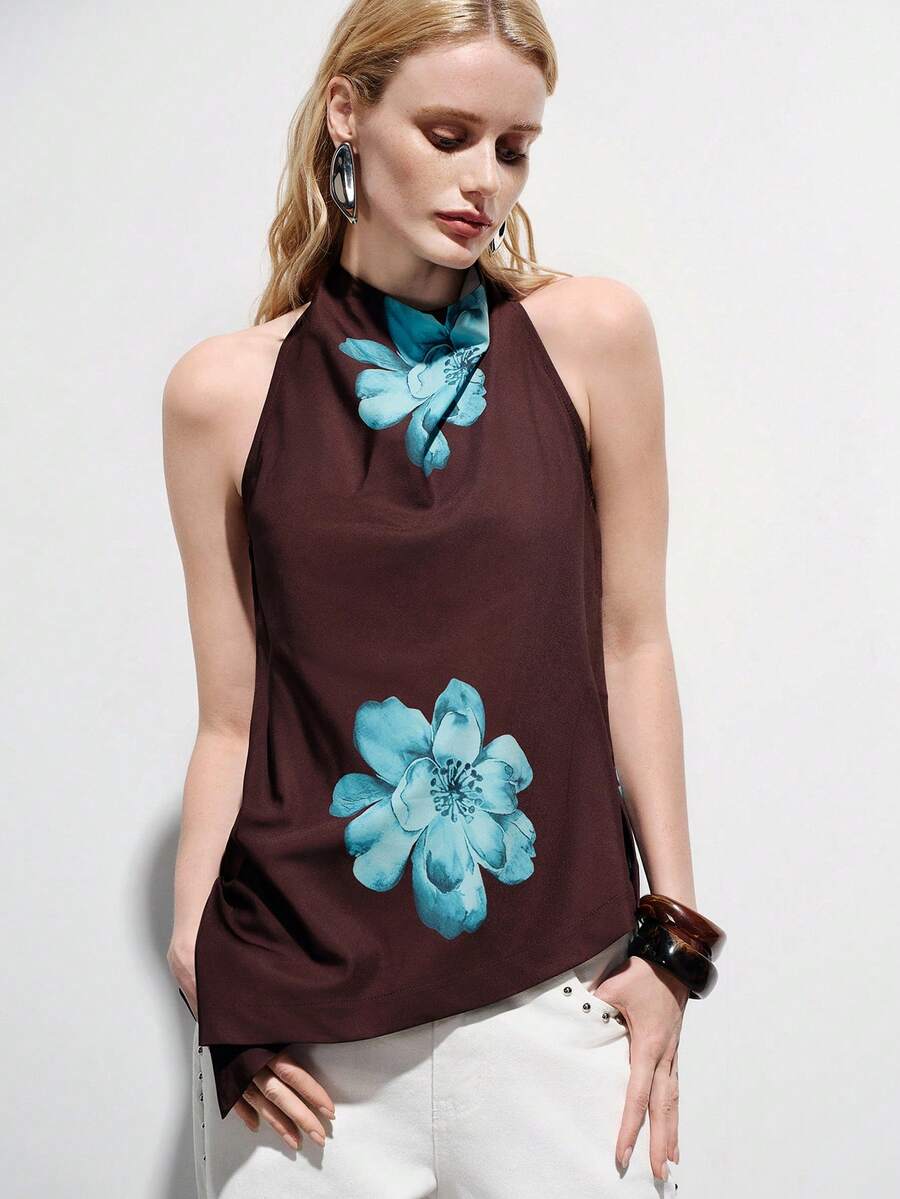 Aveloria Modichic 印花深V领露背不对称下摆开衩上衣 - 彩色 - 查看 1