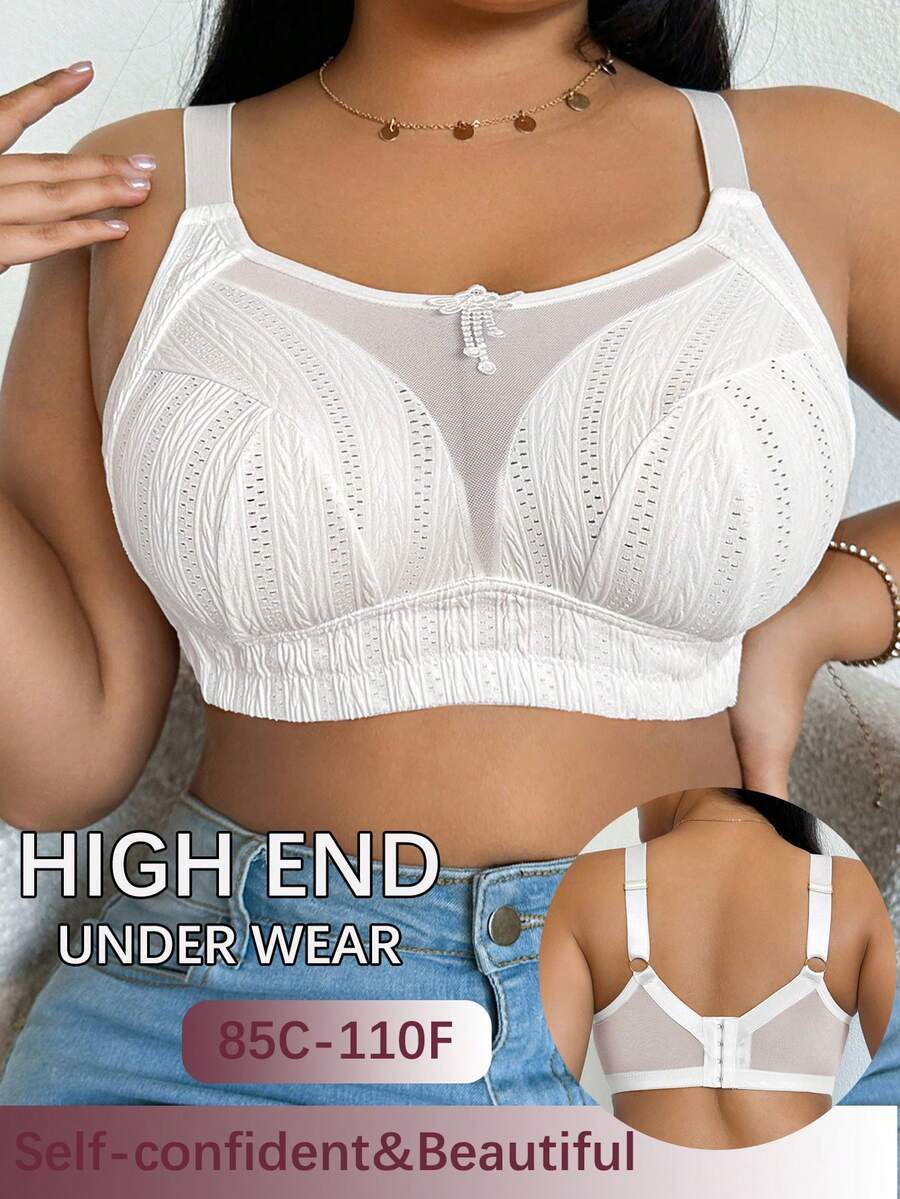 DesireSculpt Sujetador sin costuras inalámbrico de talla grande con parches de malla de unicolor - Blanco - Ver 1