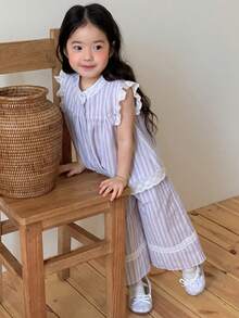 DAZY 女童条纹韩版荷叶边无袖上衣和宽松裤子两件套 - 薄荷綠 - 查看 3