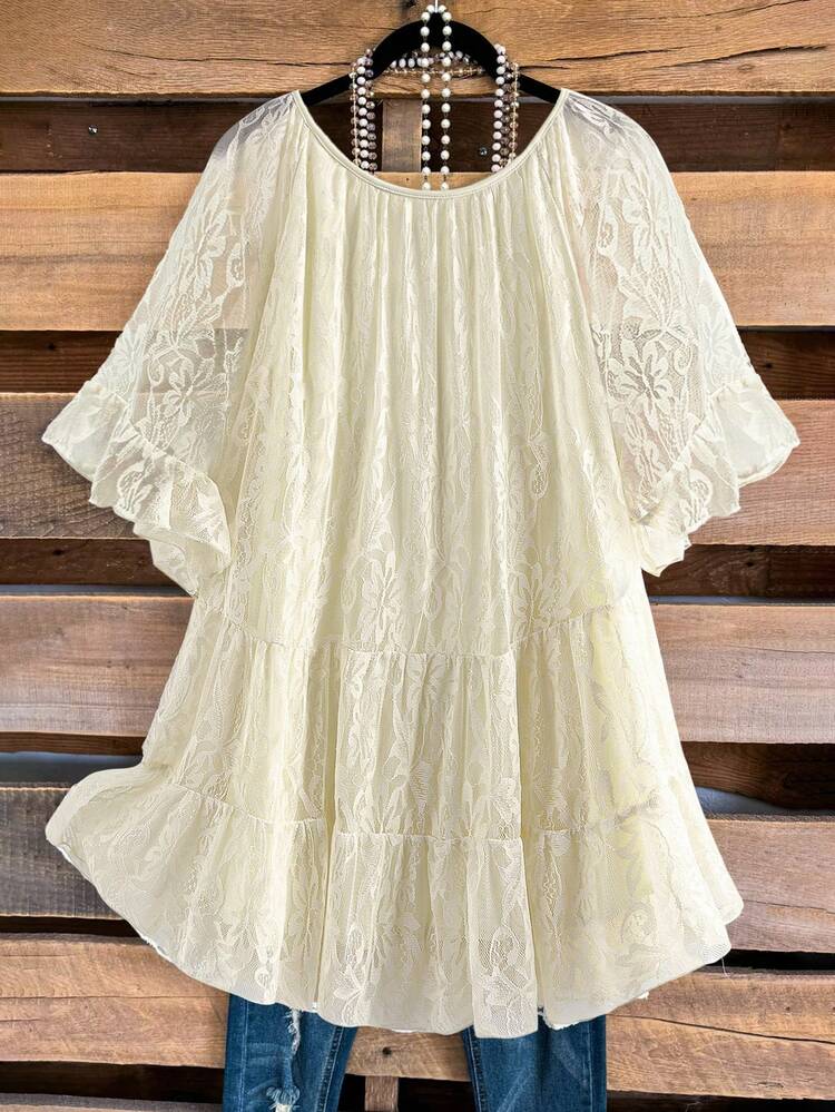 Plus Size Women Round Neck Loose Ruffled Hem Lace Blouse  Summer Tops Summer Outfits Summer Clothes  Spring  Spring Outfit Women Spring Clothes Country Style For Women Vacation Outfits Women  Floral Tops Beach Outfits For Women  Beach Vacation Outfits For Women  Seaside Retro Mannequin Window Display
