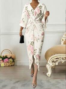 SHEIN Lady 大码女式印花V领七分袖扭腰优雅连衣裙，Florurora春夏优雅连衣裙，女士春季穿搭，度假装，女士夏季休闲装，女士奢华连衣裙 - 彩色 - 查看 6