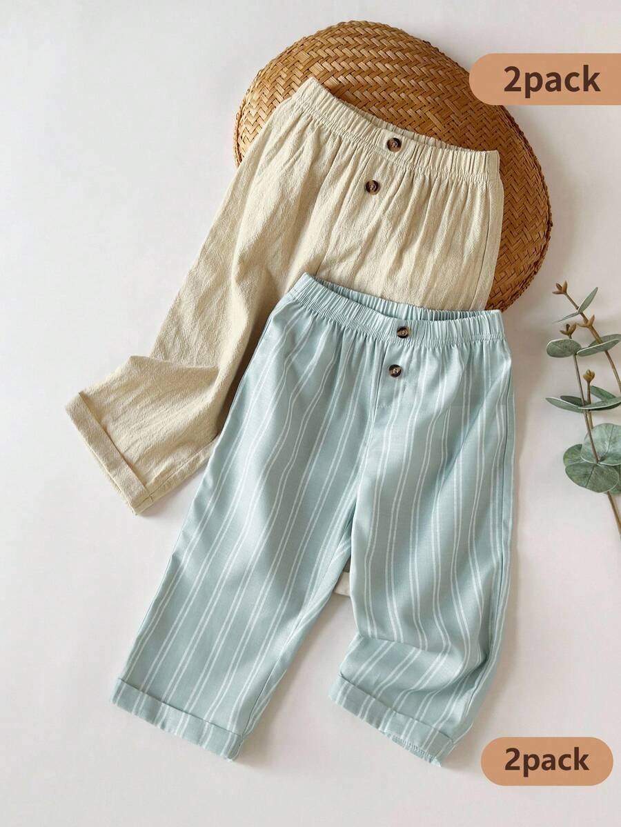 SHEIN Bộ 2 món cho bé trai, gồm áo trơn và quần kẻ sọc, chất liệu mềm mại, thoải mái, thiết kế tối giản thời trang, phù hợp cho bé mặc hàng ngày và đi chơi vào mùa xuân và mùa hè. - Nhiều màu - Xem 1