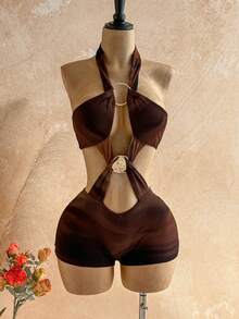 Soleia New Casual Vacation Western Beach Wedding Guest Attire, Graduation Brunch, St. Patrick's Day, Spring Break, Easter, Music Festival, Elegant Boho Tropical, Valentine's Day, Christmas Sexy Backless Halter Gradient Metallic Cutout Jumpsuit For Women - Multicolor - View 5