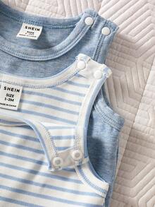 SHEIN Bộ quần áo mùa hè 4 món cho bé sơ sinh, áo liền quần tay ngắn và quần short kẻ sọc bằng chất liệu cotton pha mềm mại, thoải mái và thoáng khí, thích hợp cho các buổi tụ họp, tiệc tùng, dã ngoại. - Màu xanh lam - Xem 7