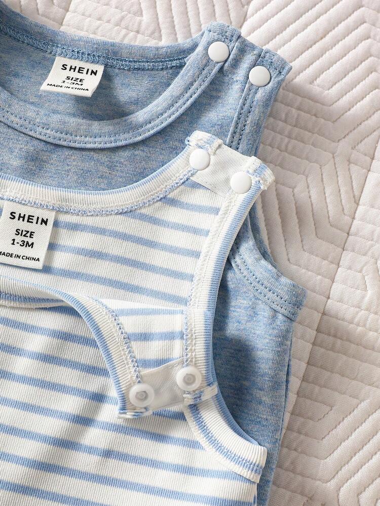 SHEIN 4pcs Newborn Baby Summer Outfit Set, Soft Cotton Blend Striped Short Sleeve Romper & Shorts, Comfortable & Breathable, Suitable For Gatherings, Parties, Outings Newborn Matching Outfit Sibling Matching Outfits Boy And Girl His And Hers Newborn Sets Baby Matching Set Summer Twin Baby Outfits Boy And Girl Toddler And Newborn Matching Outfit Boy Baby Clothes Neutral Baby Clothes Unisex Baby Clothes Cotton Baby Clothes Baby Clothes 2 Pack - Blue - View 6