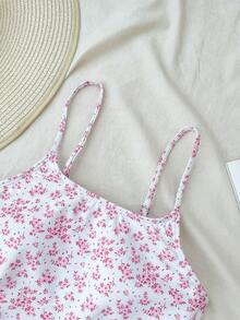 SHEIN Bộ đồ bơi liền thân màu xanh trắng họa tiết hoa nhí, nơ bên hông, dành cho bé gái tuổi teen, kiểu dáng thường ngày, kèm váy che ngoài. - Hồng - Xem 3