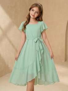 Tween Girl Solid Color Square Neck Ruffle Trim Patchwork Short Sleeve Fashion Dress - Green - View 3