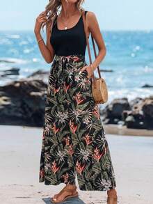 Sylviya 热带印花斜插口袋系带吊带连体裤，休闲款 - 彩色 - 查看 5