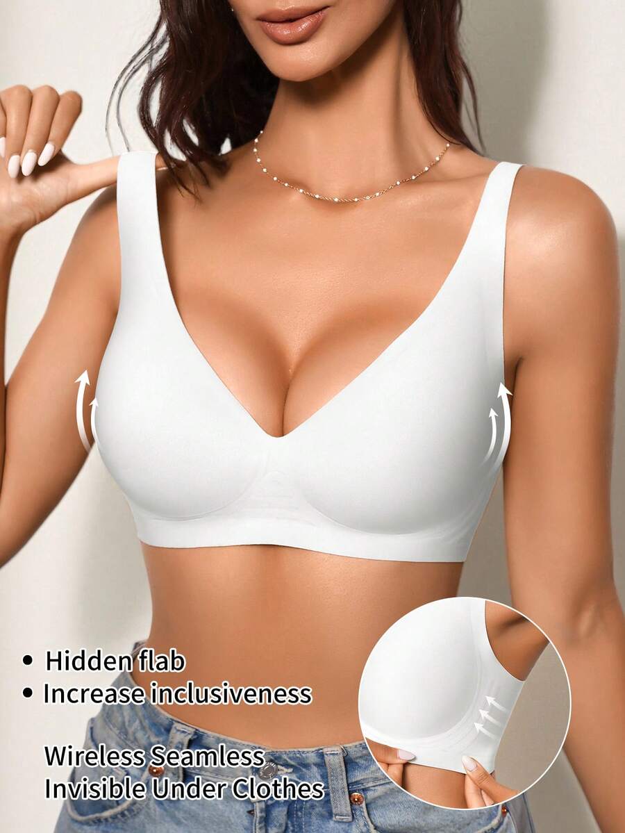 SHEIN 1 chiếc áo ngực nữ đơn giản, thoải mái, màu trơn, không đường may, chất liệu gel dẻo, không gọng, có đệm mút, có thể tháo rời. - trắng - Xem 1