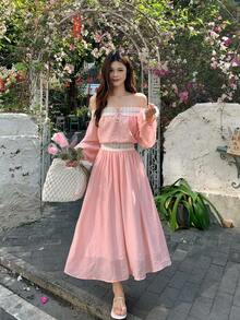 DAZY Women's Off Shoulder Long Sleeve Lace Lantern Sleeve Top And High Waist Skirt 2-Piece Set, Lotus Pink Summer - Pink - View 1